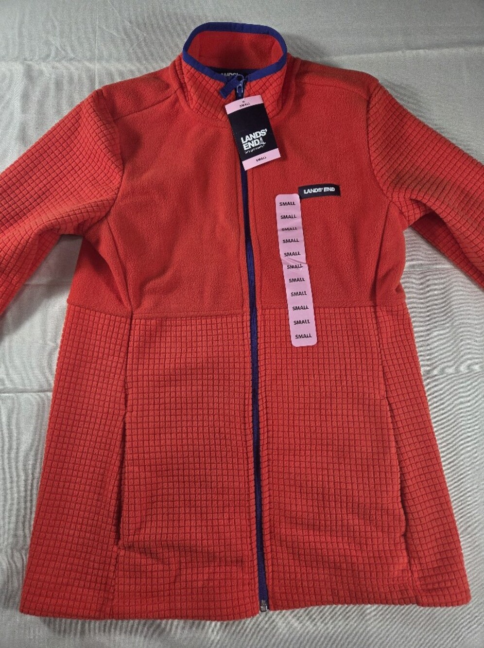 Lands' End NWT Small Fleece Jacket Red Blue Full Zip Waffle Texture S 6-8